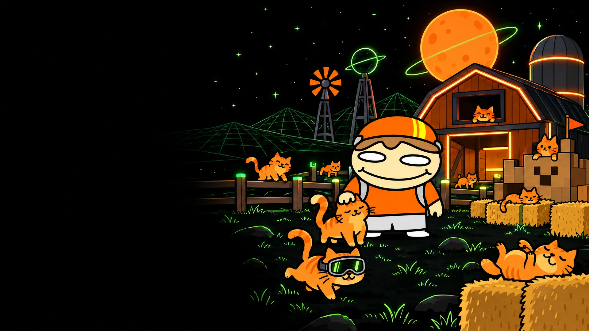 Fictional Tater Acres scene with the orange-helmet TaterTube character at a ranch full of orange cats under a green-lined night sky
