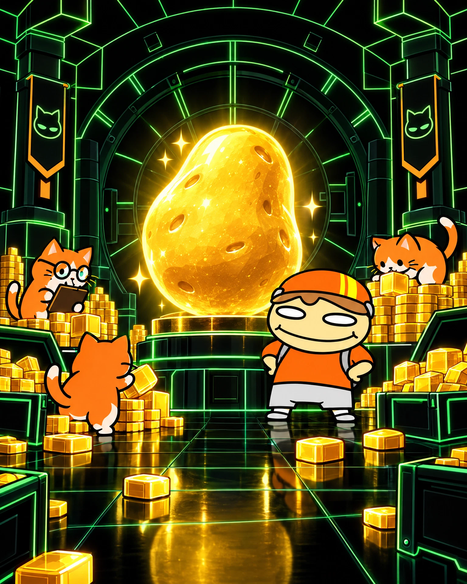 Fictional golden potato legend with the orange-helmet TaterTube character, orange cats, and imaginary block-game coins