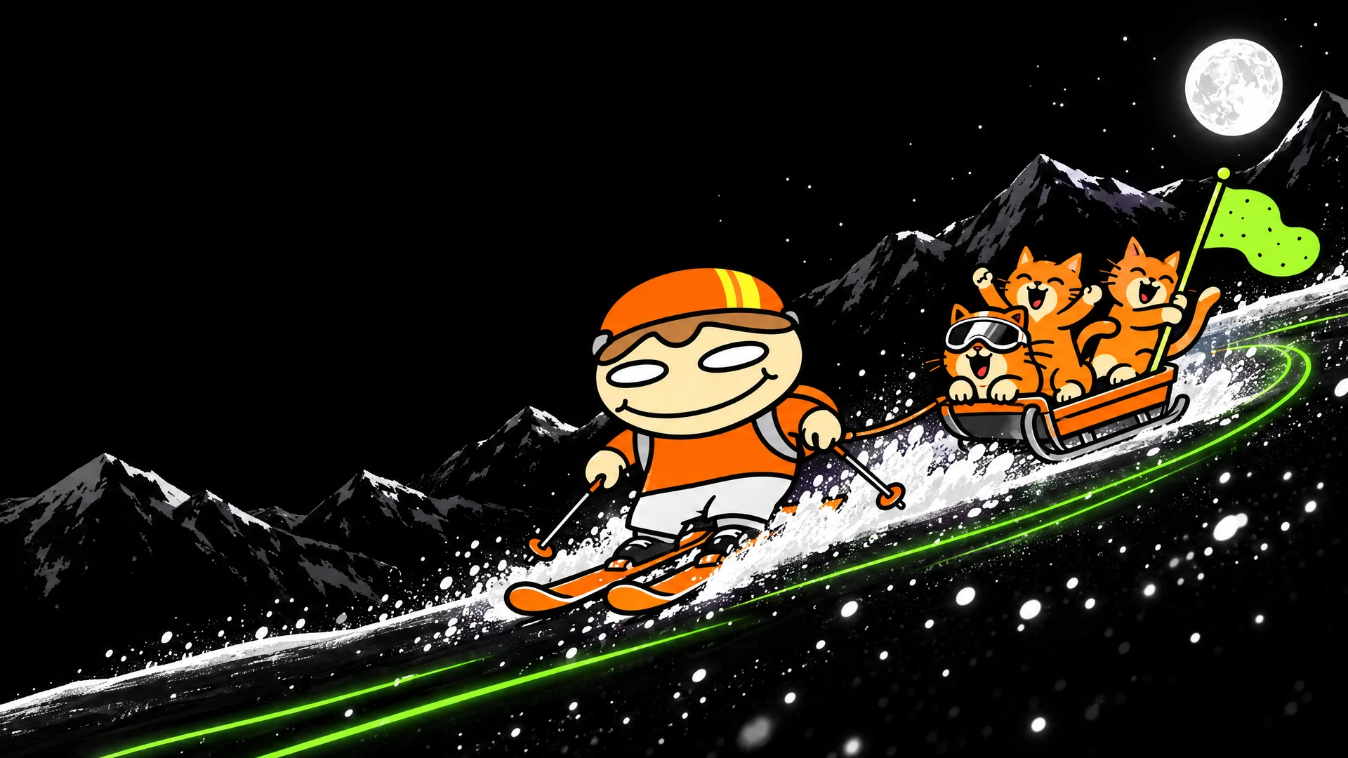 Fictional ski scene with the orange-helmet TaterTube character skiing beside orange cats on a tiny sled
