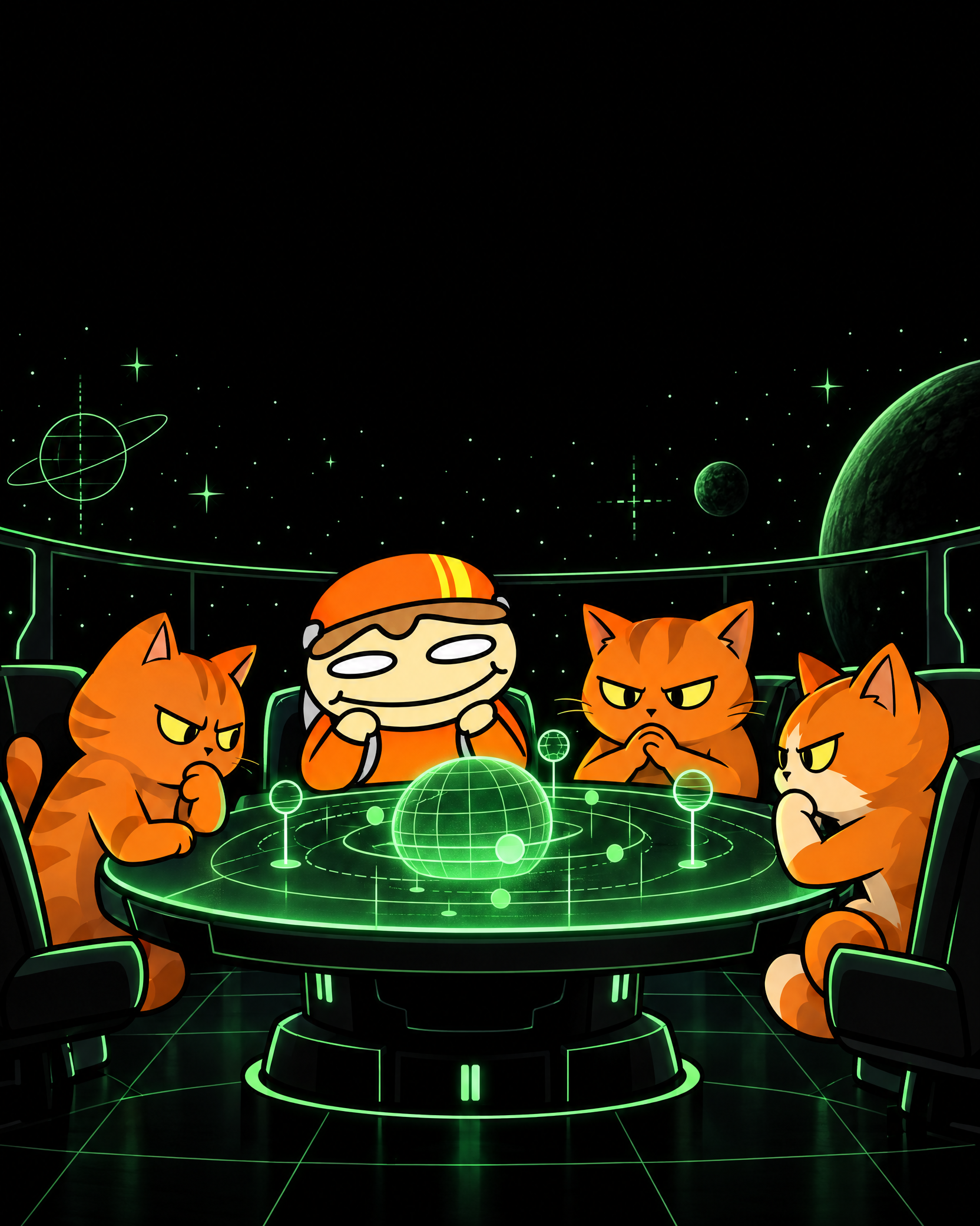TaterTube mascot joins three fictional orange cats around a glowing green sci-fi council table