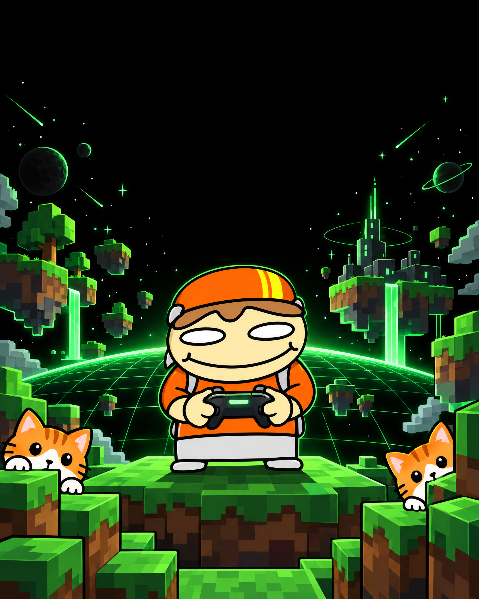 TaterTube mascot holds a generic game controller in a fictional green block-world with orange cats