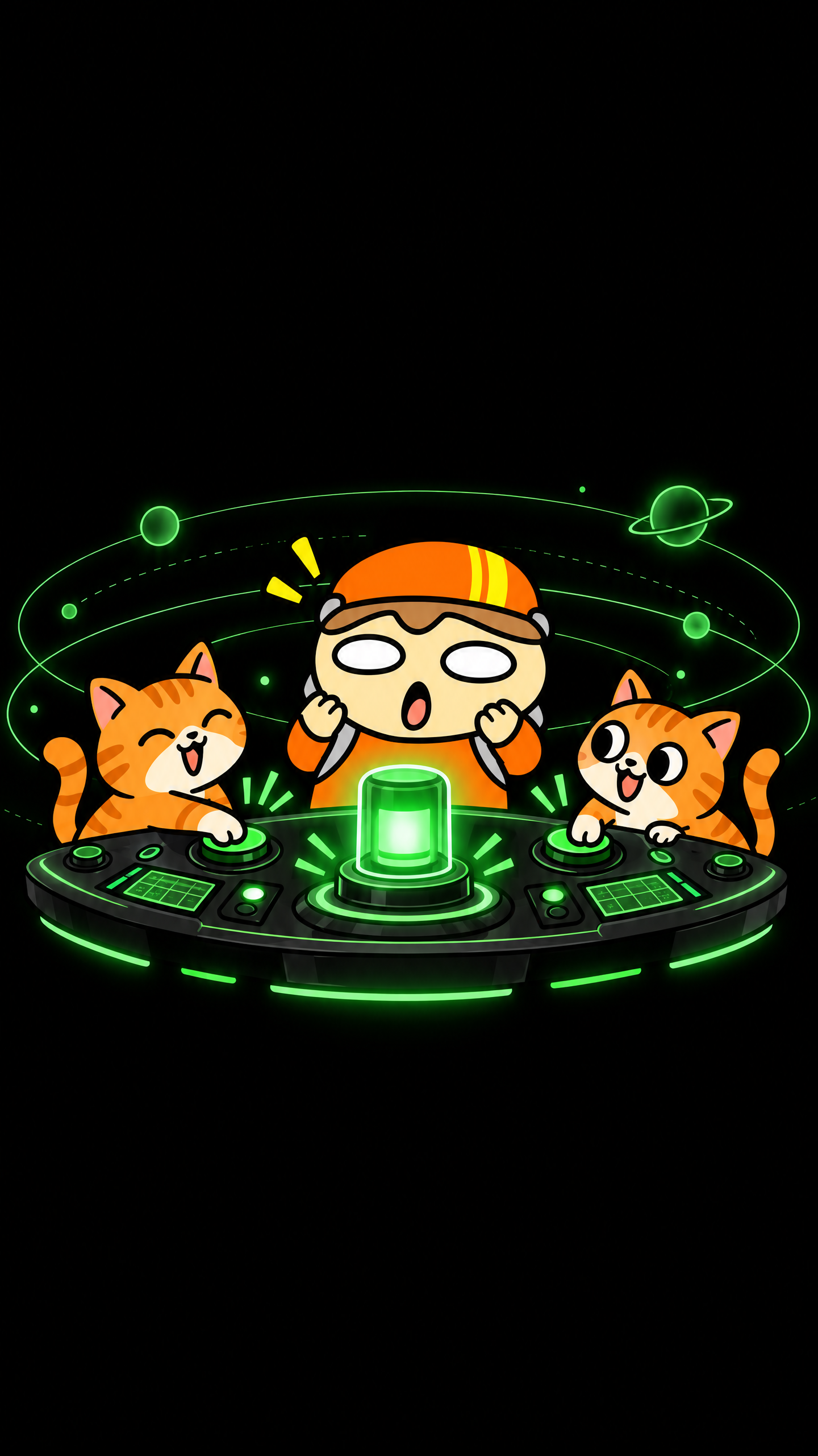 TaterTube mascot looks surprised while two fictional orange cats activate a glowing green signal alert on a black control desk