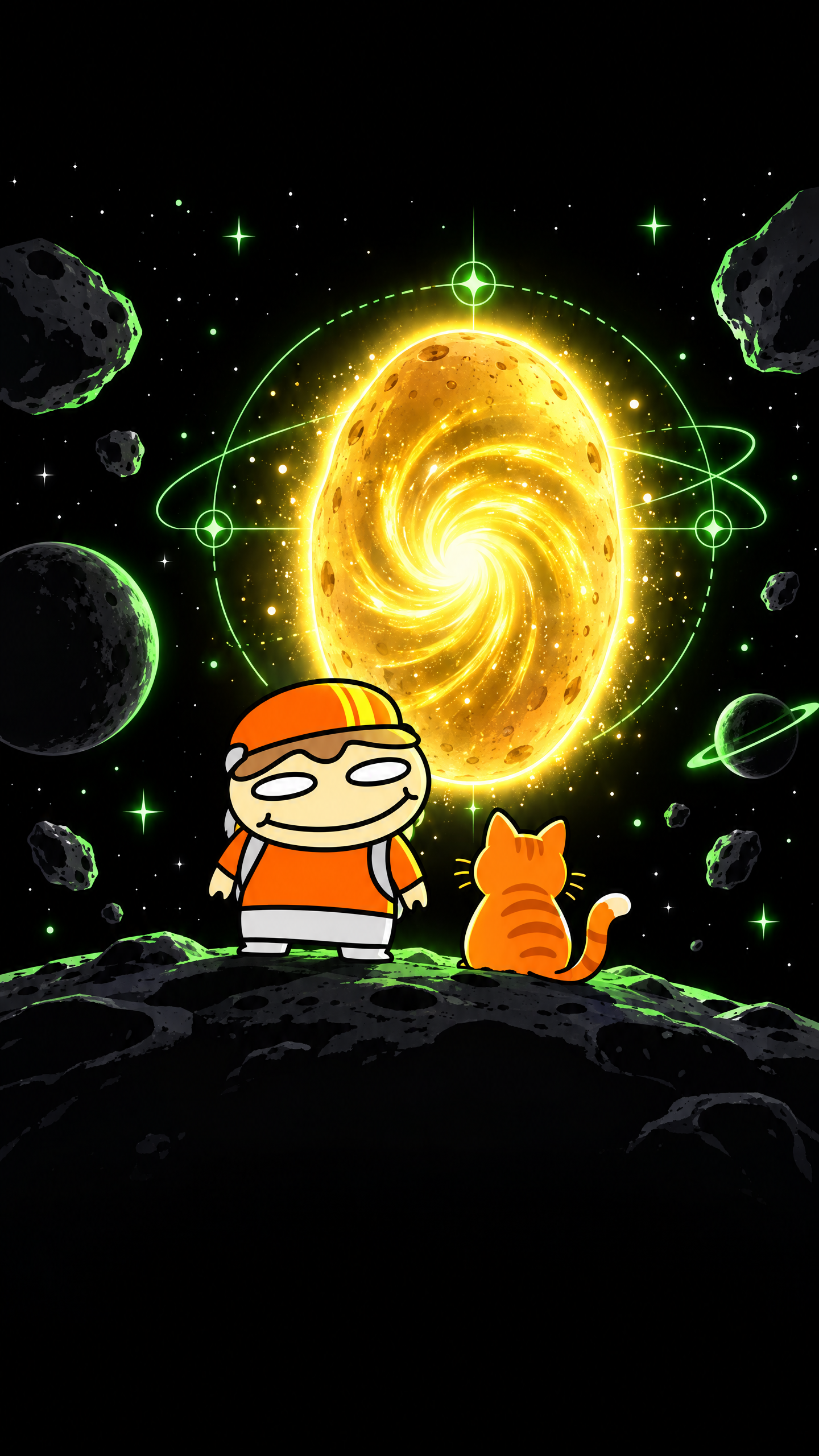 TaterTube mascot and a fictional orange cat stand before a glowing golden potato portal in black outer space with green signal lines