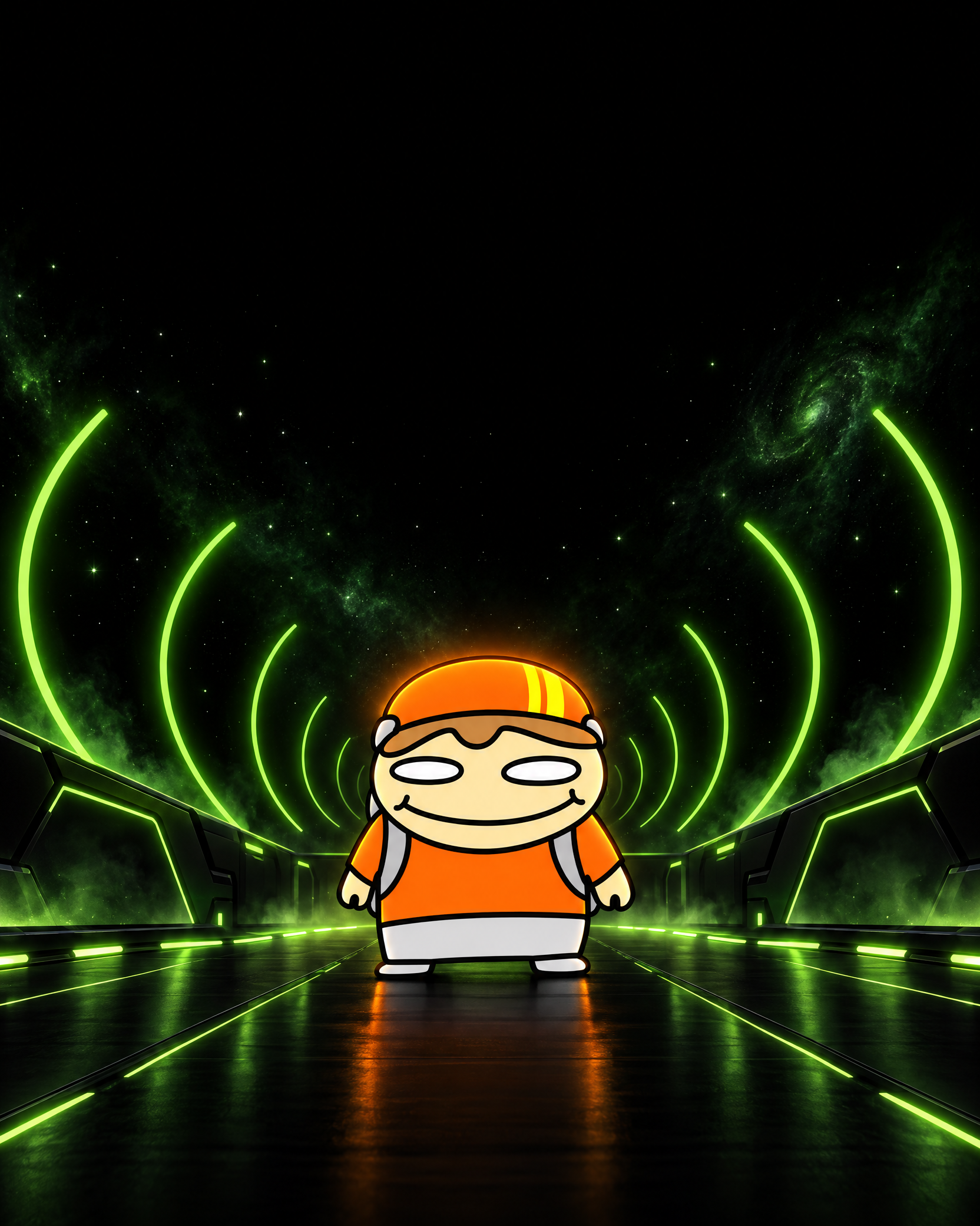 TaterTube orange-helmet cartoon mascot standing in a black space signal corridor surrounded by bright green broadcast arcs