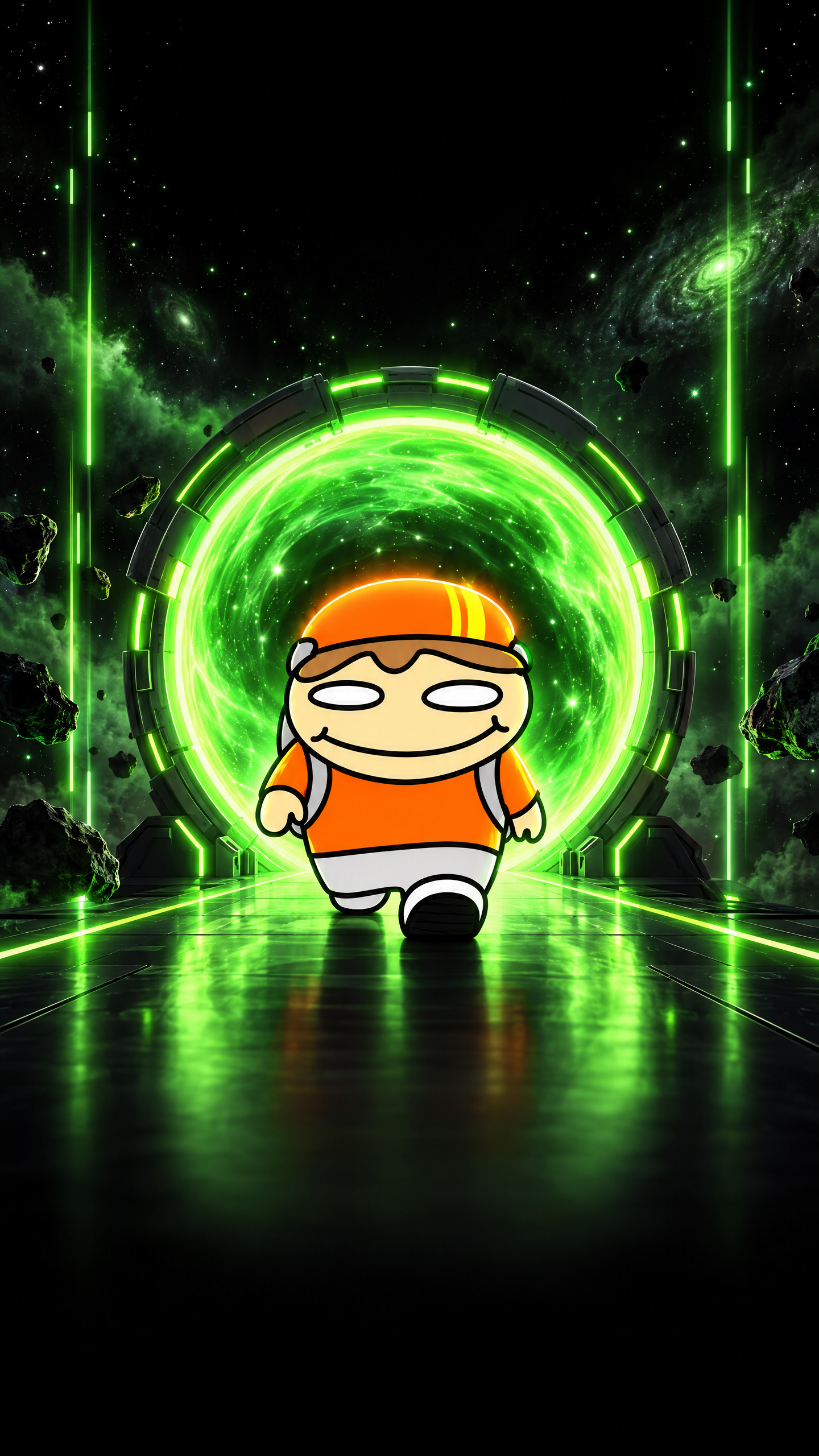TaterTube mascot walks through a bright green fictional portal in black space